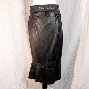 Babylon Italia Eureka black faux leather midi tulip skirt, IT46/US10, NWT